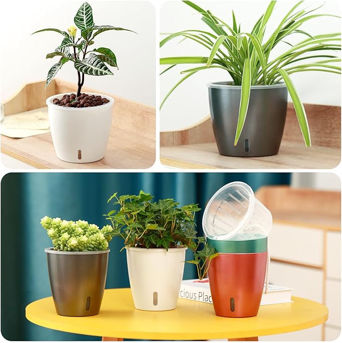 Self Watering Pots for Indoor Plants, 6-Pack 5'' Self Watering Planter with Drainage Holes, Small African Violet Pots with Water Indicator, Clear Wick Orchid Pot, Grey Gold