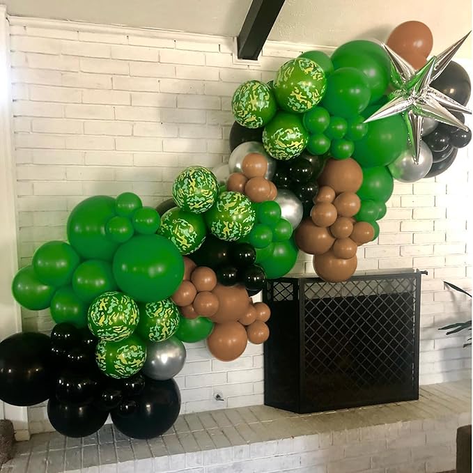 60pcs 12inch Camo Balloons, Green and Brown balloons with Dark Green Black Balloons for Hunting Camping Game Jungle Theme Camo Birthday Party Decorations