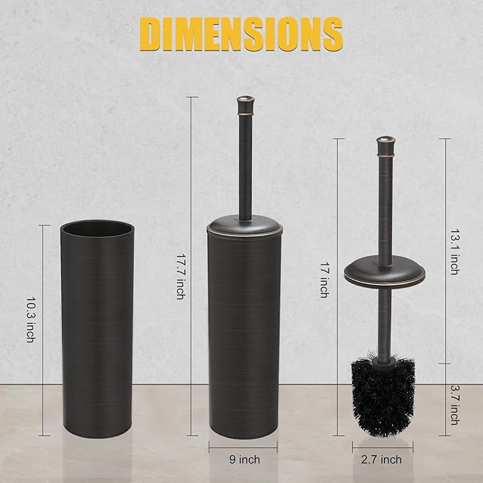BESy Toilet Brush and Holder, Toilet Cleaner Bowl Set with Two Brush with Extra Long Handle, Durable Bristles Toilet Scrubber and Covered Holder, Drip-Proof Stainless Steel Oil Rubbed Bronze