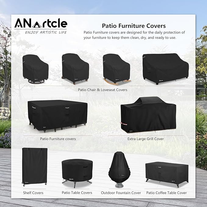 ANartcle Patio Furniture Covers 88L x 62W x 28H inch,600D Waterproof Heavy Duty Outdoor Furniture Covers,Outdoor Wicker Furniture Set with Swivel Patio Chairs General Purpose Furniture Cover,Black
