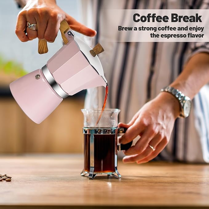 3 Cup Aluminum Moka Pot Classic Stovetop Espresso Coffee Maker 150ml 5oz Coffeemaker Percolator Mocha Pot Greca Coffee Maker Cafe Makers for Italian and Cuban Café Brewing Pink