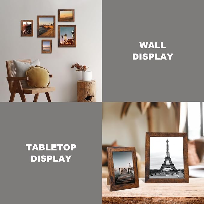 8x10 Picture Frame Set of 4, High Definition Glass 8 x 10 Frame, Wood Rustic Photo Frames for Horizontal or Vertical Display Tabletop and Wall Mounting, Dark Brown