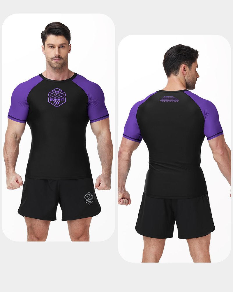 Runhit Men’s BJJ Rash Guard Short Sleeve No Gi Ranked Jiu Jitsu Compression Shirt for MMA Grappling Swimming Training Base Layer Quick Dry Purple XL