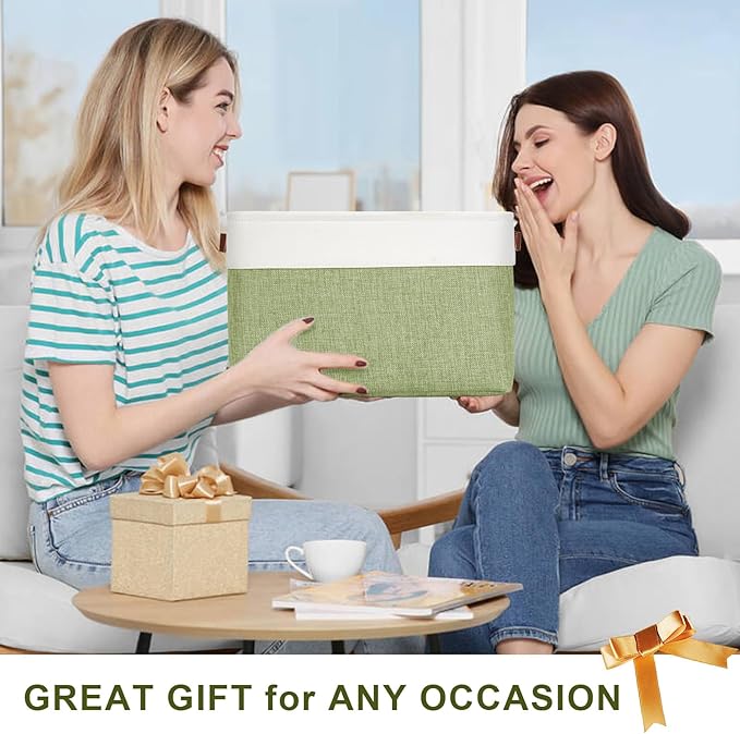 Storage Bins Large Fabric Storage Baskets for Shelves 3 Pack, Decorative Linen Closet Baskets with Handles for Organizing, Shelf, Clothes, Home, Office, 15x11x9.5Inches (Green&White)