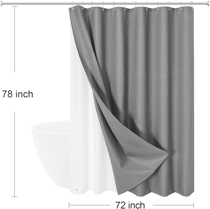 3 in 1 Long Shower Curtain Set-72 W x 78 H, Grey Waffle and PEVA Liner Set with 12 Stainless Steel Hooks, Waterproof Fabric for Bathroom