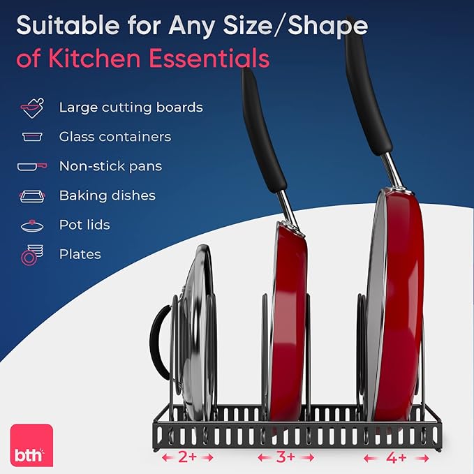 Compact Pan & Pot Lid Organizer Rack with 6 Adjustable Dividers | Steel Single Rack for Kitchen Cabinet, Drawer & Pantry – Deep U-Shaped Dividers, No Assembly Needed