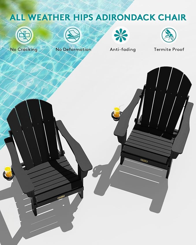 SERWALL Folding Adirondack Chair with Cup Holder for Outdoor, All-Weather Patio Chairs with Wood Texture, Fire Pit Chairs for Deck Porch Garden - Black
