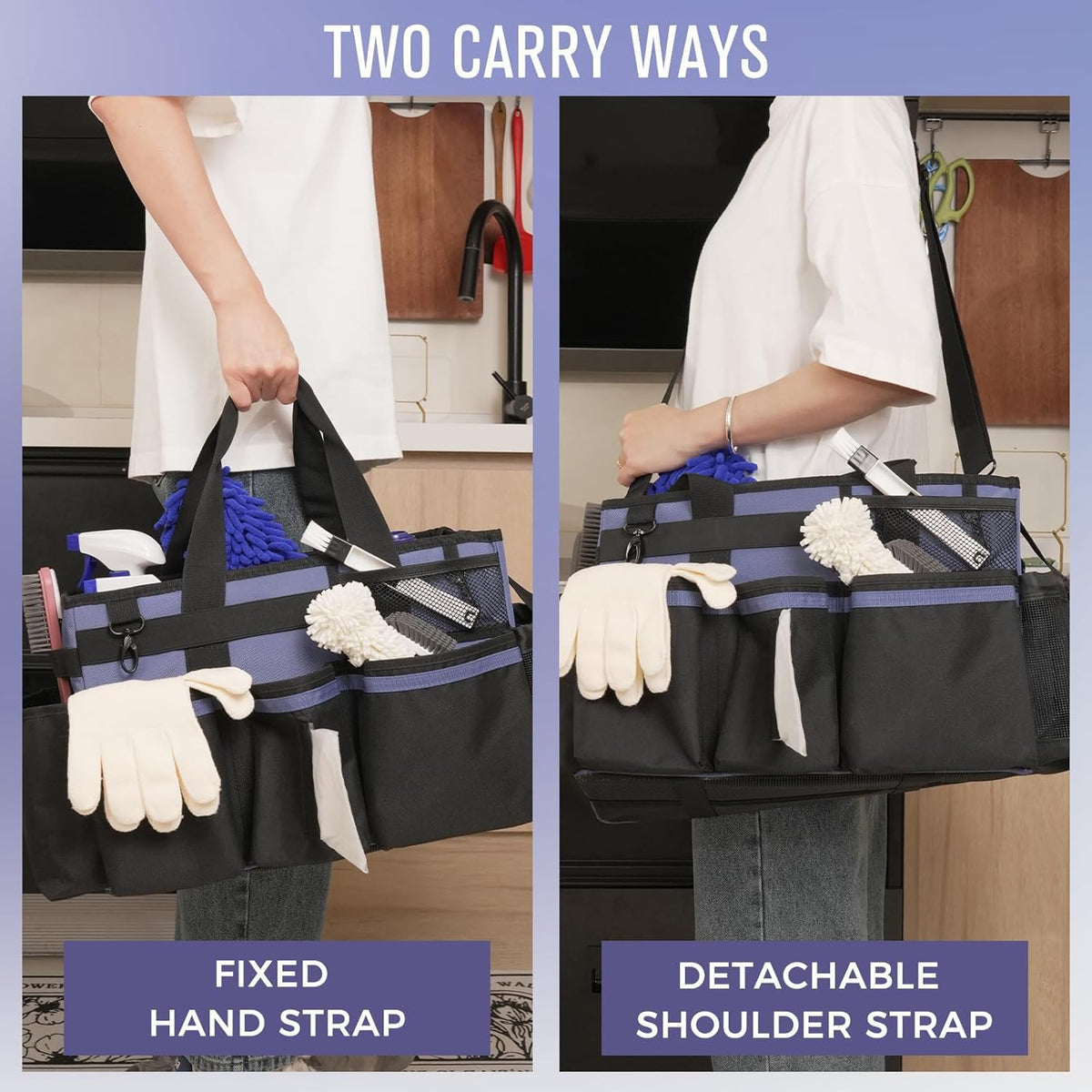 Wearable Cleaning Caddy, Cleaning Caddy Supplies Organizer with Handle & Shoulder Straps for Housekeepers, Under Sink & Car Cleaning Tool Organizers Bag with 4 Foldable Divider (CeruleanBlue)