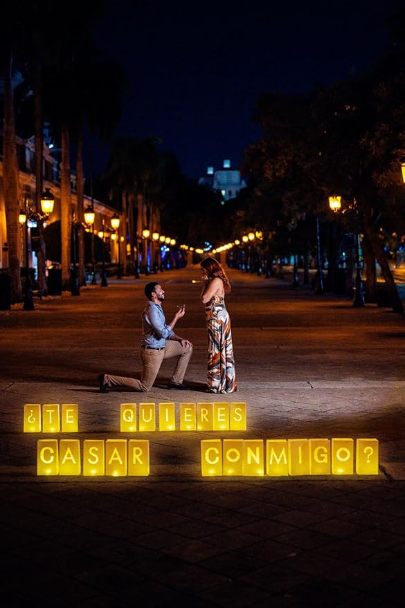 “QUIERES CASARTE CONMIGO?” Marry Me Light Up Letters in Spanish Will You Marry Me Sign Romantic Proposal Decorations with Tea Lights Candles and Rose Petals