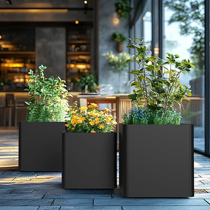 Large Metal Square Planter 24" L x 24" W x 24" H, Heavy Duty Black Large Outdoor Planters with Drainage Hole for Porch/Patio/Garden