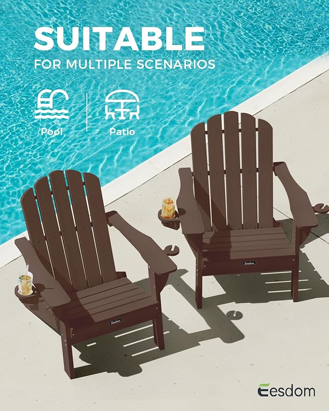 Adirondack Chairs Set of 6, Fire Pit Chairs, Wood Texture Patio Chairs with 2 Cup Holder, Outdoor Lawn Chair, Brown