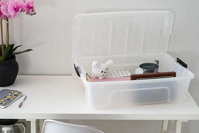 IRIS USA 27 Qt Stackable Plastic Storage Bins with Lids, 6 Pack - BPA-Free, Made in USA - Discreet Organizing Solution, Latches, Durable Nestable Containers, Secure Pull Handle - Pearl