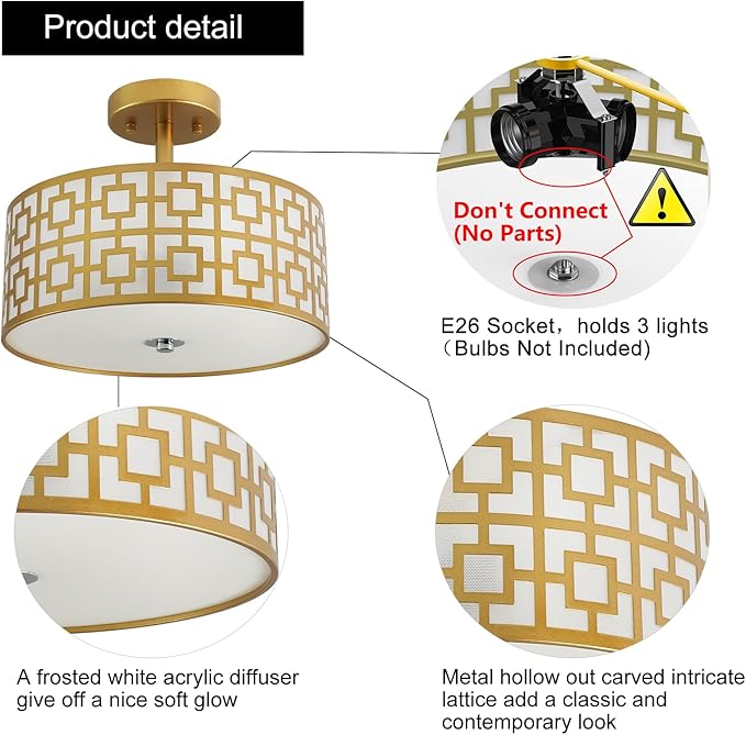 DLLT Flush Mount Ceiling Light: Modern 3-Light Semi Flush Mount Light Fixture - Drum Kitchen Lighting Fixture for Dining Room - Gold Bedroom Ceiling Lamp with Double Shade