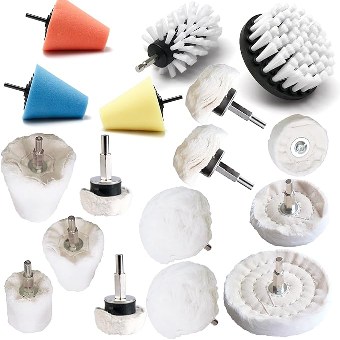 Polishing Pad Buffing Wheel Kit 17 Pack, for Drill for Metal Aluminum Stainless Steel Chrome Wood Plastic Ceramic Glass Woods Fabric Cotton Machine Jewelry etc