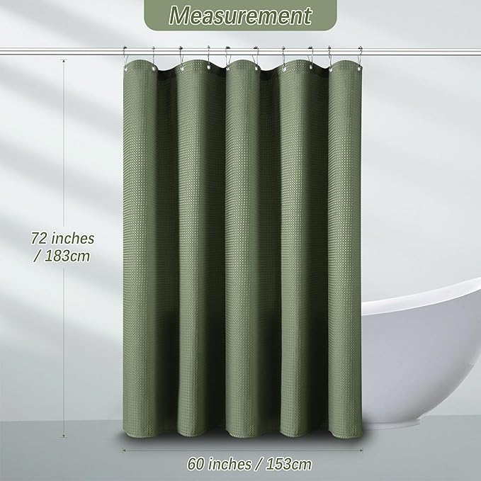 60 inch Waffle Shower Curtain - Heavy Duty Thick Fabric Green Shower Curtains for Bathroom, Weighted Hotel Spa Luxury Water Repellent Cloth Bath Curtain with 10 Hooks, 60Wx72H Sage Green