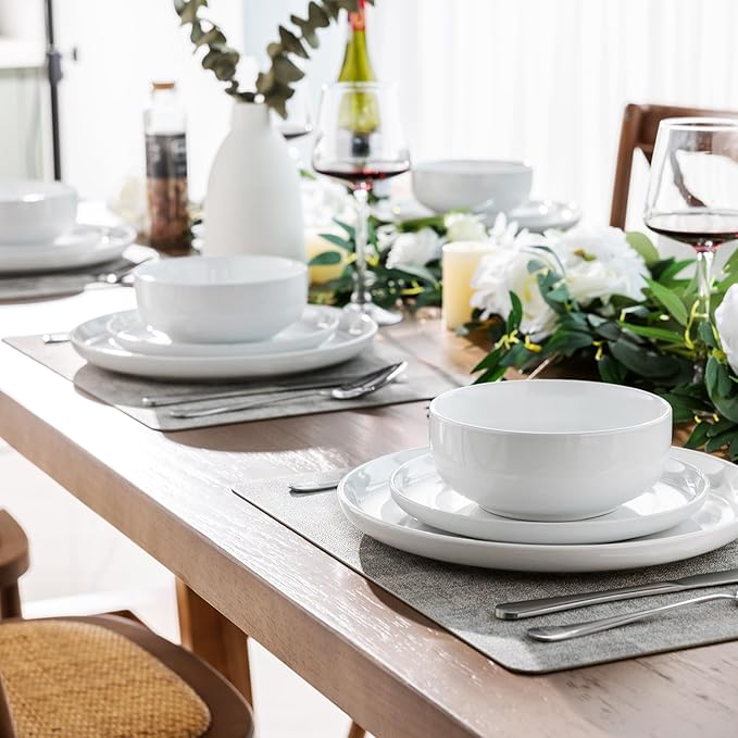 GBHOME Ceramic Dinnerware Sets, 12 Pieces Stoneware Dinnerware Set, Plates and Bowls Sets, Dishwasher & Microwave Safe Dishes | Service for 4 -White