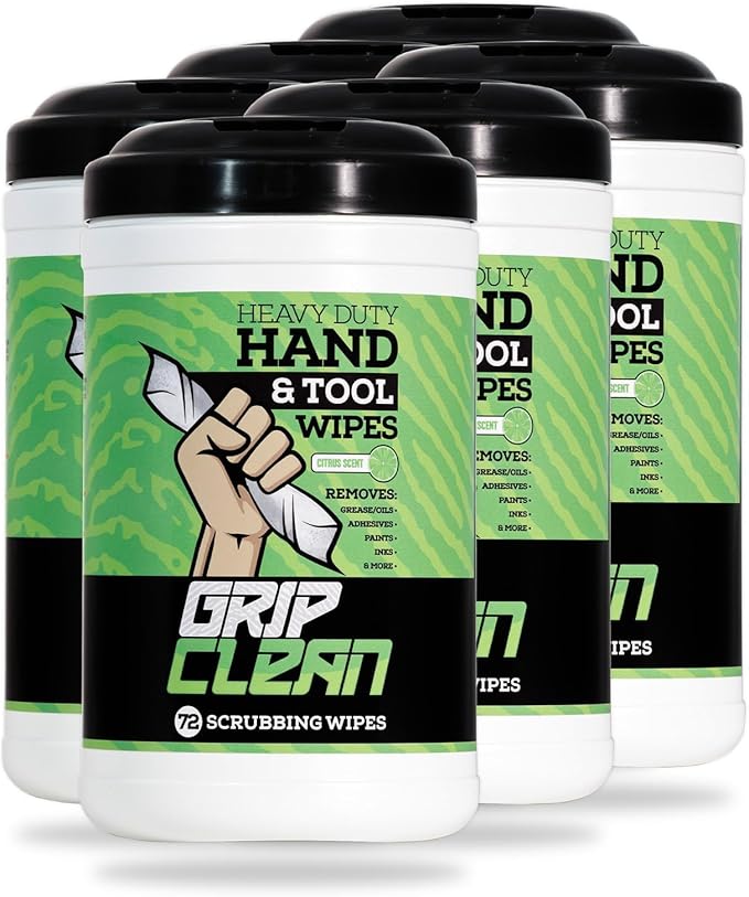 Grip Clean Heavy Duty Hand & Tool Cleaning Wipes – Waterless Hand Cleaner for Mechanics, Garage & Shop Use – Dual-Sided Grease, Oil & Paint Remover Wipes with Citrus Scent - 30ct (6 Pack)