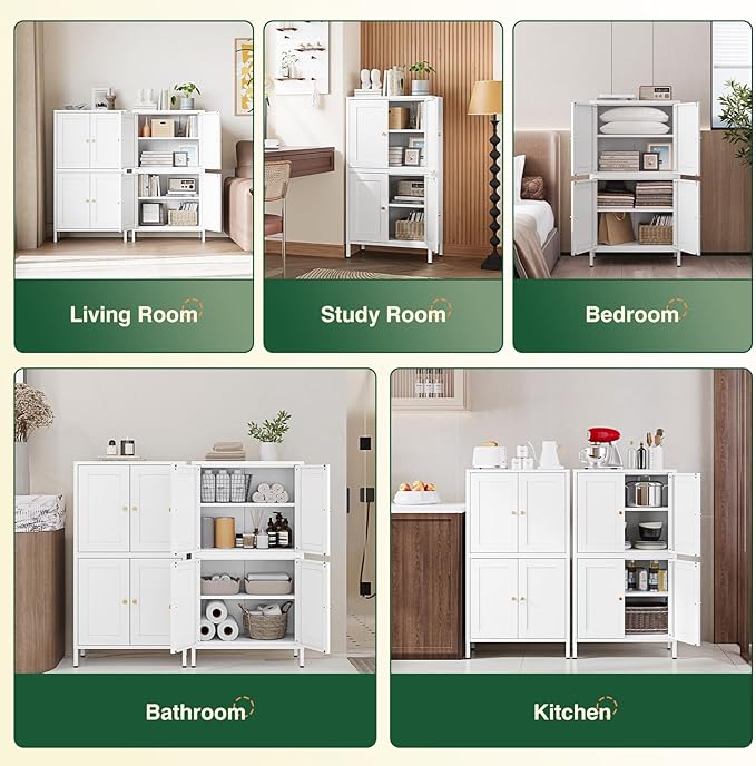 Letaya Storage Cabinet with Doors and Shelves,Small Freestanding Bathroom Floor Metal Cabinets -White