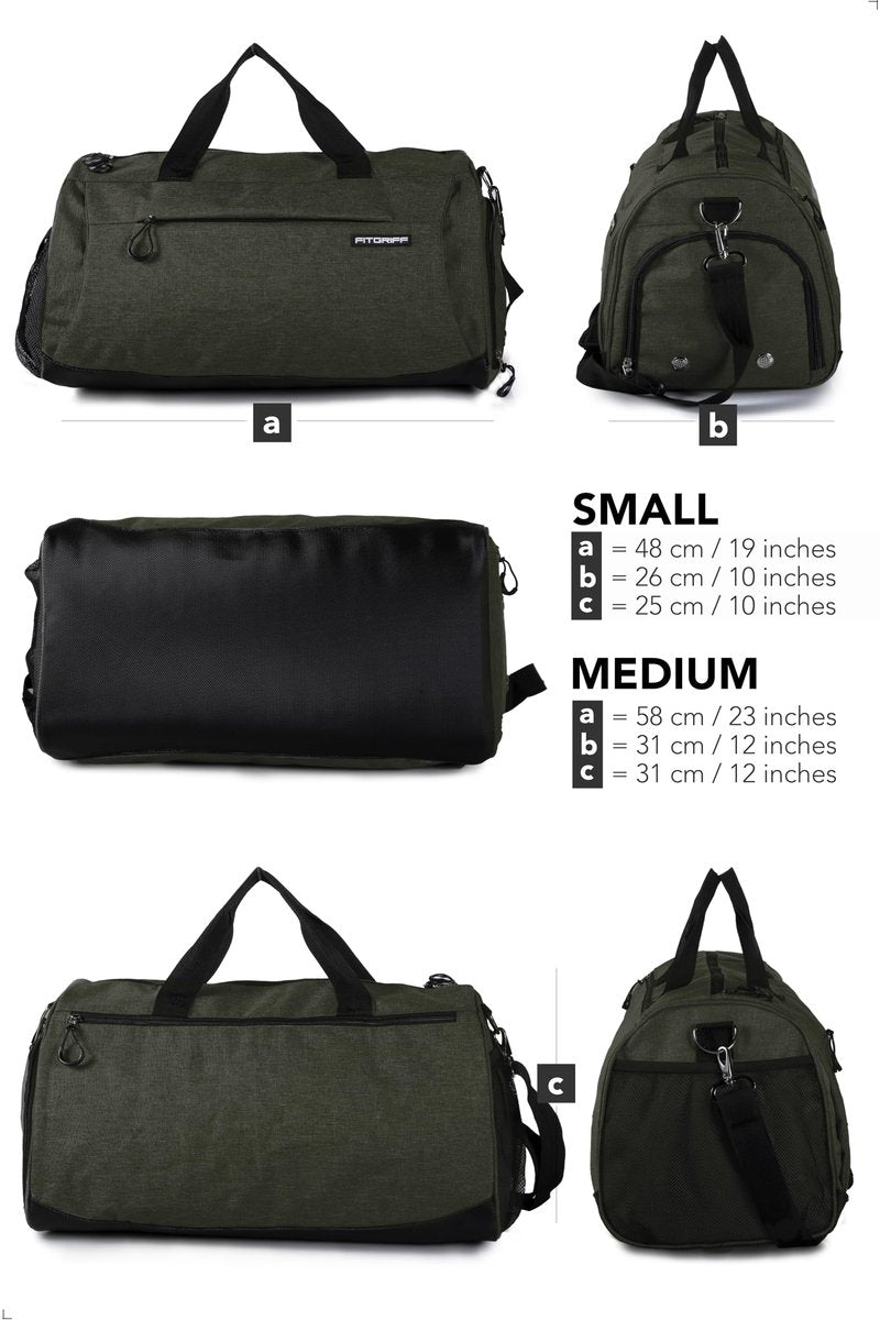 Fitgriff® Gym Bag for Men & Women with Shoe & Wet Compartment - Duffle Bag for Travel, Sports, Fitness & Workout (Army Green, 23 x 12 x 12″ (Medium))