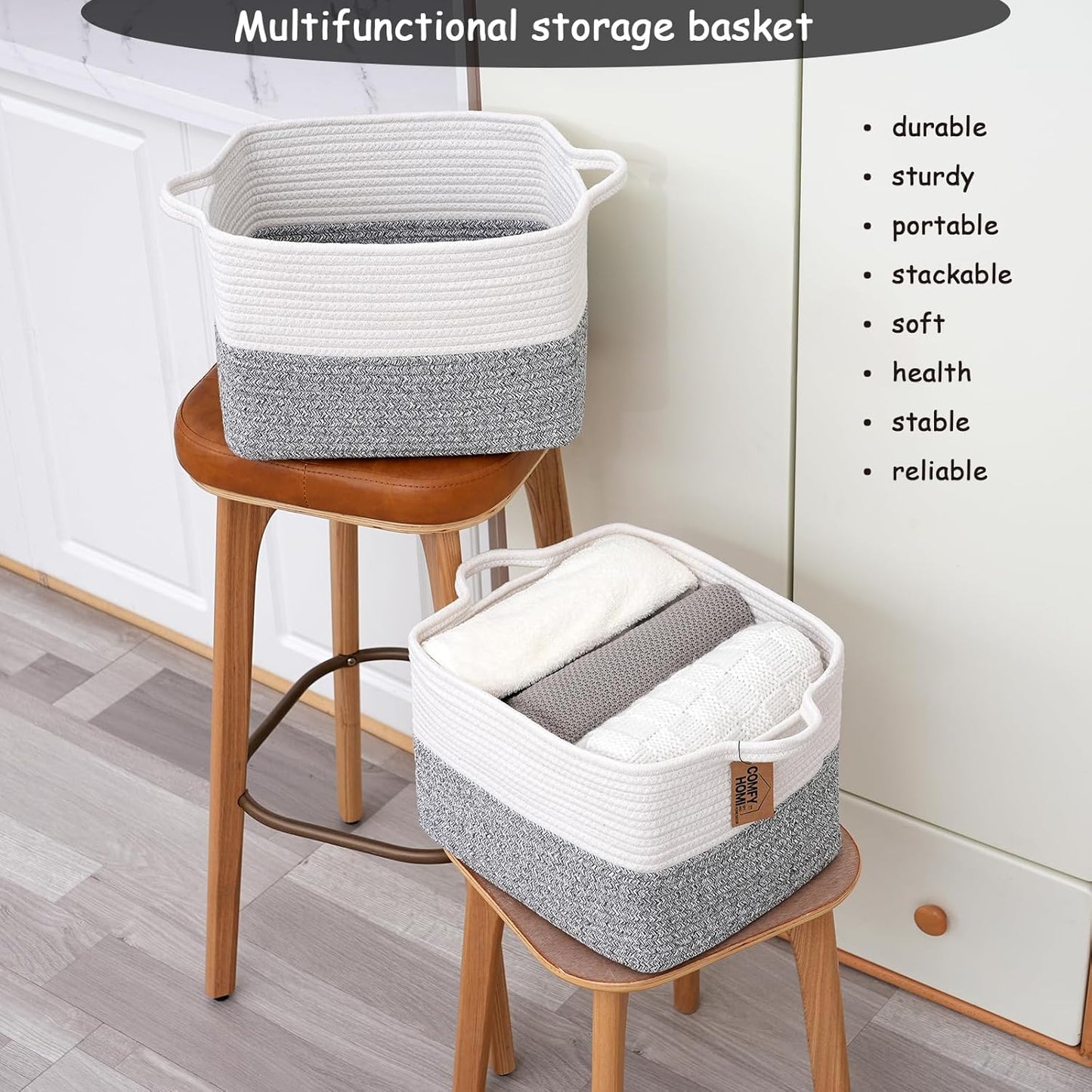 COMFY-HOMI 3-Pack Cotton Rope Woven Basket with Handles for Shelves, Book, Cloth Basket|Dog Toy Basket for Organizingy|13.5" x 11" x 9.5" for Bedroom(White/Grey)