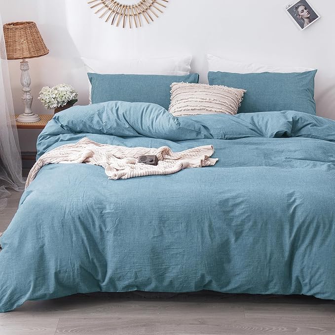 MooMee Bedding Duvet Cover Set 100% Washed Cotton Linen Like Textured Breathable Durable Soft Comfy (Heathered Peacock Blue, King 104"x90")