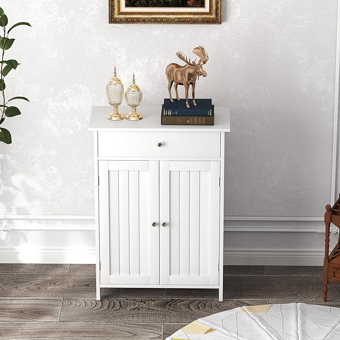 Tangkula Bathroom Storage Cabinet, Freestanding Floor Organizer w/ 2 Doors, 1 Drawer & 1 Adjustable Shelf, Modern Home Bathroom Furniture for Living Room Entryway Kitchen (Cabinet & Drawer, White)