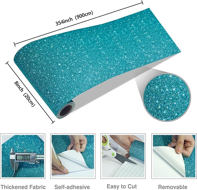 CRE8TIVE 8"x354" Teal Blue Glitter Wallpaper Stick and Peel Wall Border Fabric