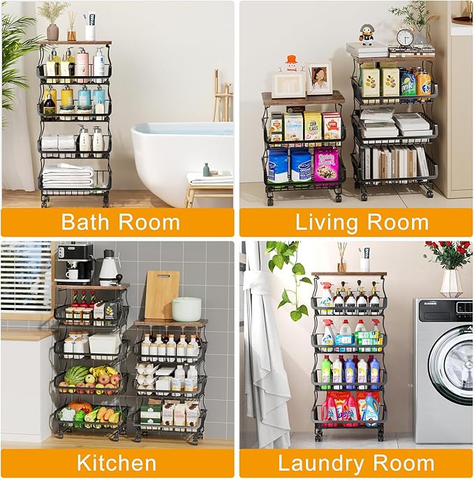 Fruit Vegetable Basket for Kitchen, 4 Tier Stackable Fruit Vegetable Storage Baskets with Wheels, Metal Wire Storage Basket Organizer Baskets for Kitchen, Pantry, Bathroom