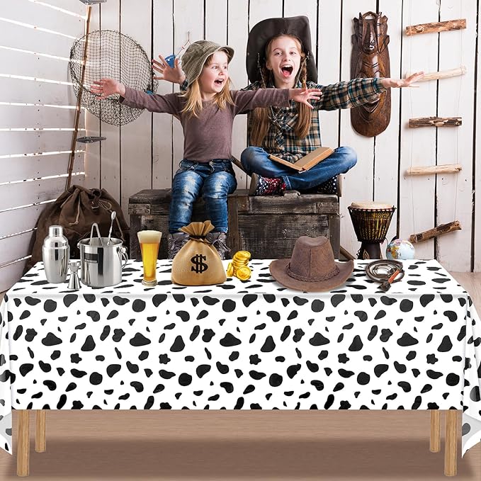 12Pcs Cow Print and Pink White Tablecloth Set, Pink and White Cow Print Table Covers Disposable Plastic Rectangle Tablecloth for Cowgirl Birthday Baby Shower Barnyard Party Decorations, 108*54inch