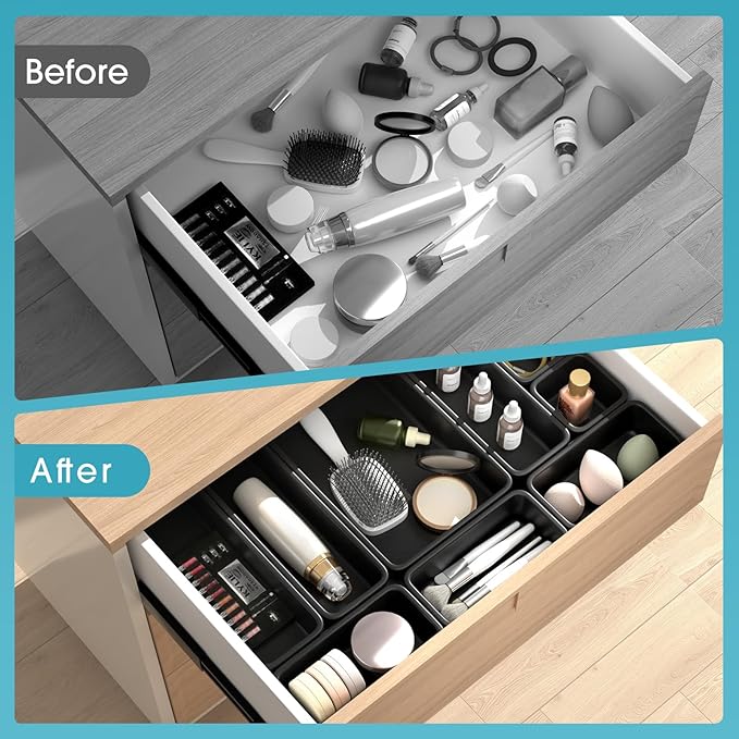 25 PCS Drawer Organizer Set, 4 Size Makeup Drawer Divider Organizer With Non-Slip Pads, Interlocking Plastic Storage Bins for Office,Jewelry Vanity,Gadgets, Bathroom,Kitchen, Black