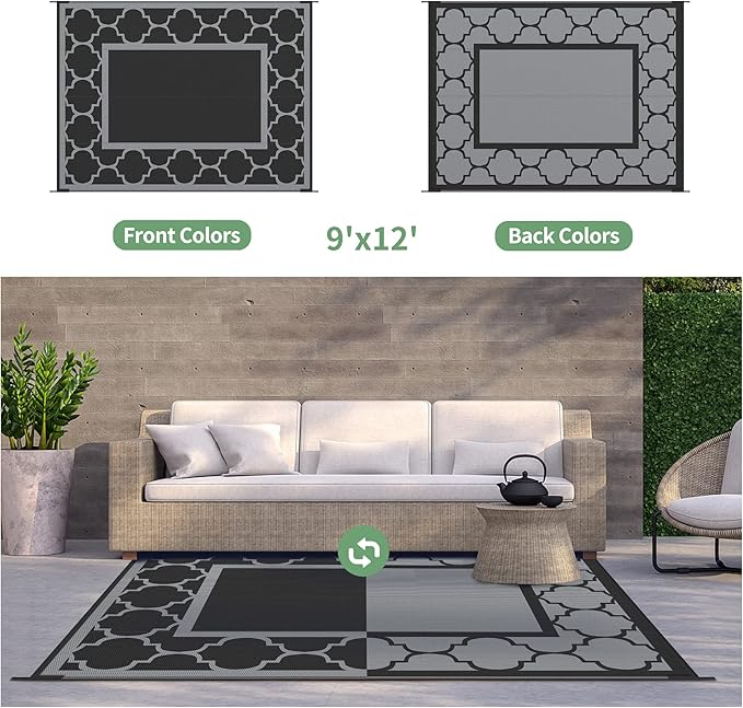 GENIMO Outdoor Rug 9' x 12' Waterproof for Patio Decor, Reversible Plastic Straw Area Rugs Mat for Camper, Outside Carpet for Camping, Rv, Deck, Porch, Picnic, Beach, Balcony, Black & Grey