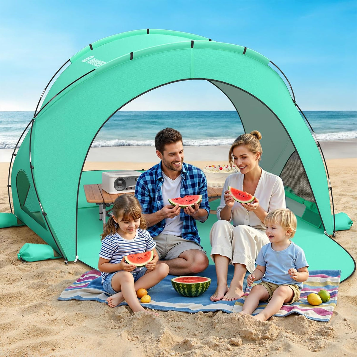 Raynesys Beach Tent - Portable Sun Shelter for 1-4 People | Green Shade with 2 Zippered Doors