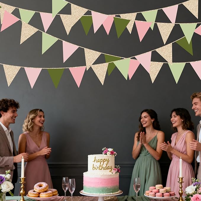 Sage Green Dusty Rose Pink Champagne Gold Pennant Banner Flag Hanging Glitter Paper Triangle Bunting for Girls Wild One Jungle Safari Woodland Themed Birthday Baby Shower Wedding Party Decorations