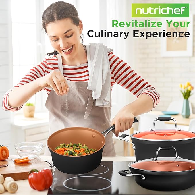 NutriChef 14-Piece Non-Stick Pots & Pans Set - Multi-Sized Cooking Pots with Lids, Small and Medium Frying Pans with Slotted Spatula, Pasta Server, Soup Ladle, Silicone Handles (Copper Color)