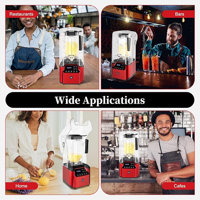 Commercial Blender with Soundproof Shield, Quiet Professional Blender, Intelligent Touch Buttons Countertop Smoothie Mixer, Adjustable Speed Smoothie Juicer