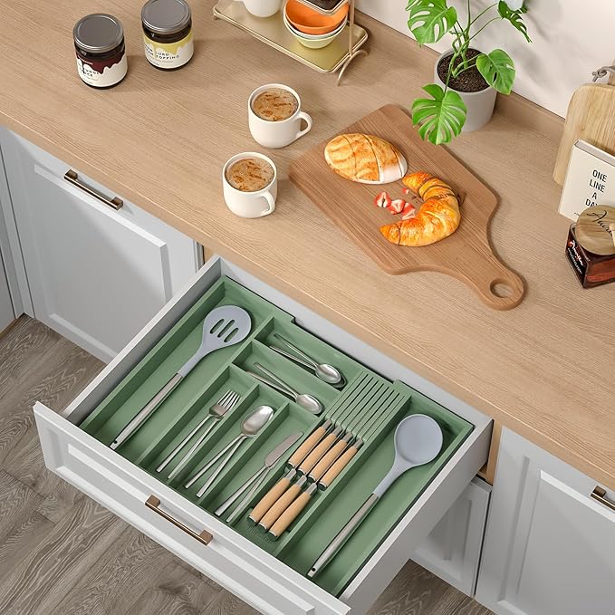 Bamboo-Silverware-Drawer-Organizer-Kitchen, Expandable Utensil Holder Cutlery Tray Flatware Organization Adjustable Wood Tableware Dividers Storage (with Removable Knife Block)(Grayish Green)