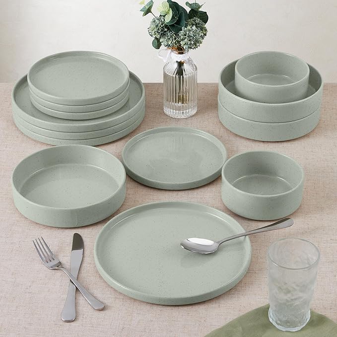 E-far Dinnerware Sets for 8, 24-Piece Stoneware Plates and Bowls Dish Set, Modern Kitchen Dinning Dishware, Chip and Scratch Resistant, Microwave & Dishwasher Safe, Speckled Green