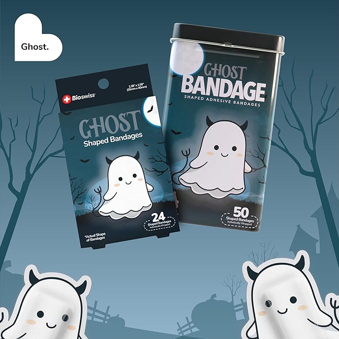 BioSwiss Kids Bandages, Halloween Ghost Shaped Self Adhesive Bandage Set, Latex Free, Sterile Wound Care, 24 Count