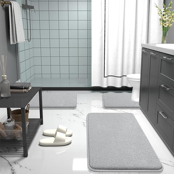 OLANLY Thick Memory Foam Bath Mat Rug 34x21, Extra Soft Absorbent Bathroom Rug, Quick Dry Bath Mats, Non-Slip, Machine Washable Carpet for Bathroom, Tub and Shower, Home Decor Accessories, Light Grey