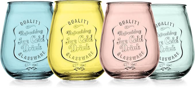 Glaver's Stemless Wine Glasses Set of 4 – 21oz Assorted Colored Wine Tumblers– Unique Embossed Logo, Vintage Cute Wine Glasses for, Beer, Juice, Cocktails, Fresh Drinks, Beverages, and more.