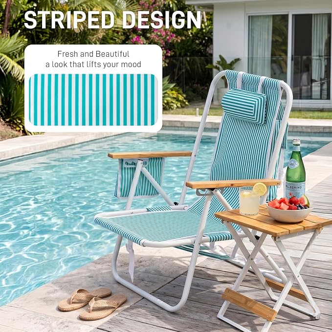 Outvita Folding Beach Chair, 4 Position Adjustable Reclining Lounge Chair with Padded Headrest, Large Rear & Side Storage Pockets, Lightweight Portable Outdoor Chair for Beach Pool Garden BBQ