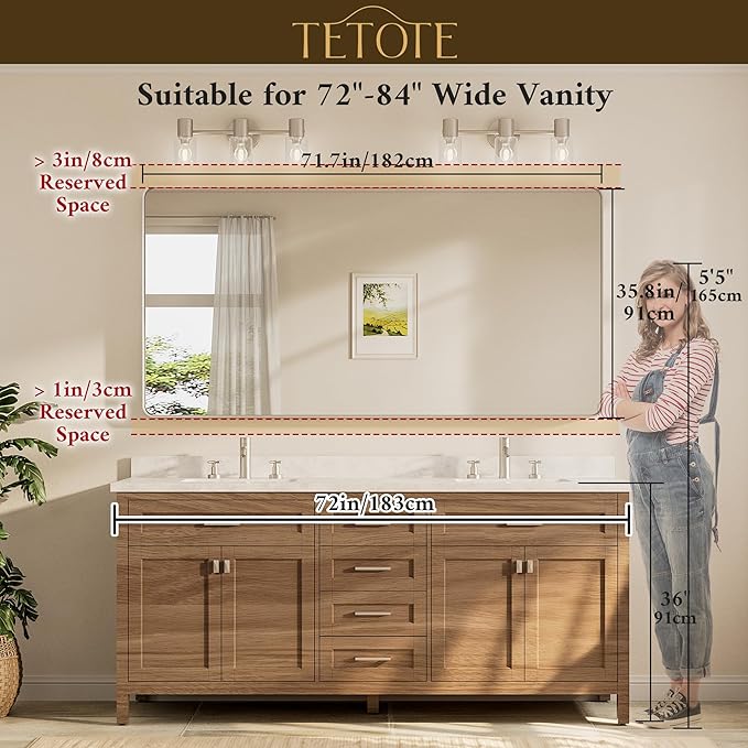 TETOTE 72 x 36 Inch Brushed Nickel Bathroom Mirror