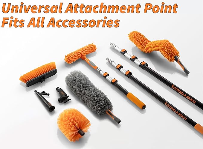 24 Foot High Reach Duster Kit with 5-18 ft Extension Pole // High Ceiling Dusting and Window Cleaning Kit with Telescopic Pole // Baseboard and Wall Washer Mop, Squeegee, Fan Blade & Cobweb Dusters