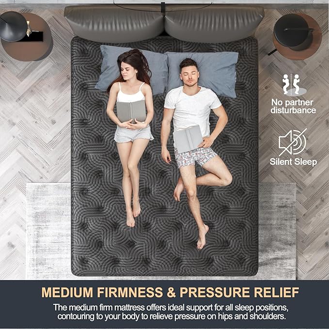 Queen Mattress, 14 Inch Hybrid Mattresses in a Box with Durable Support, Fiberglass Free, Motion Isolation & Individually Poctet, 100 Night Trial, Queen Size, Dark Grey