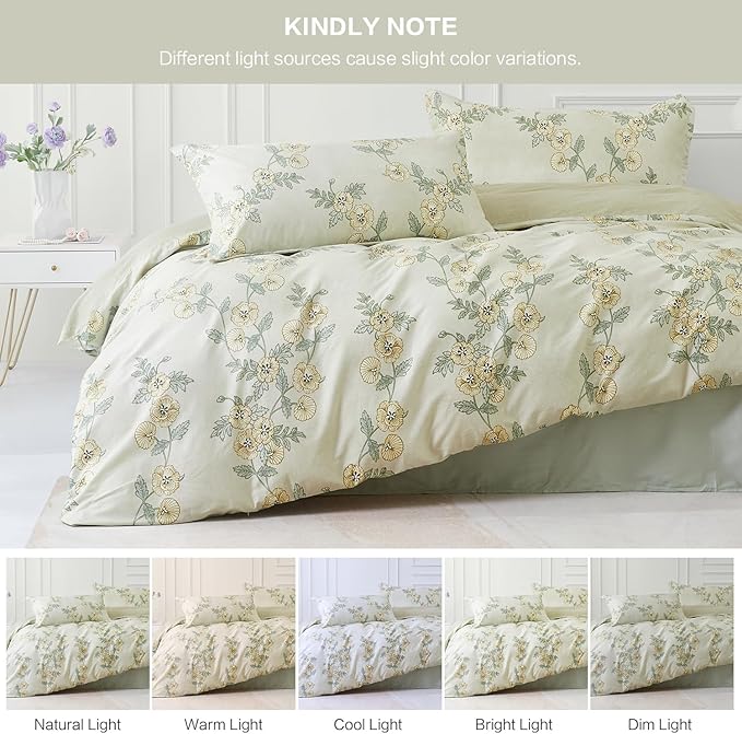 SAPHREAS Green Leaf Cotton Duvet Cover Set Full Size 3pcs Tropical Botanical Yellow Flower Bedding Comforter Cover Set 1 Duvet Cover 2 Pillow Shams, Comforter Not Included