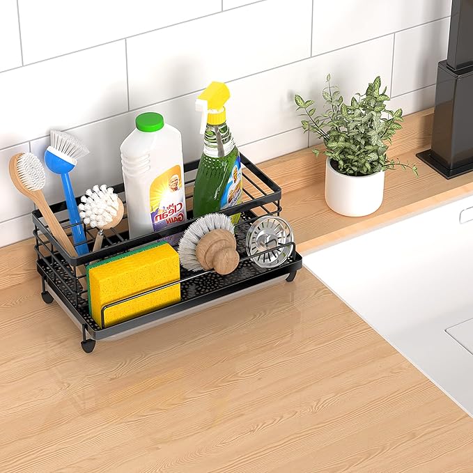 Cisily Large Black Sponge Holder for Kitchen, Sink Caddy Sink Organizer Rack for Kitchen Accessories with Drip Tray, Rustproof and Non-slip, Soap Dispenser Countertop Organizer Essentials for New Home