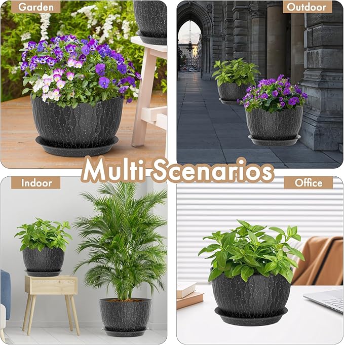 12 Inch Wide Water Ripples Flower Pots for Indoor or Outdoor Plants, Large Plant Pots with Drainage Holes & Saucer, Plastic Planters Set for Garden & Home Decor (Black with White Speckles)