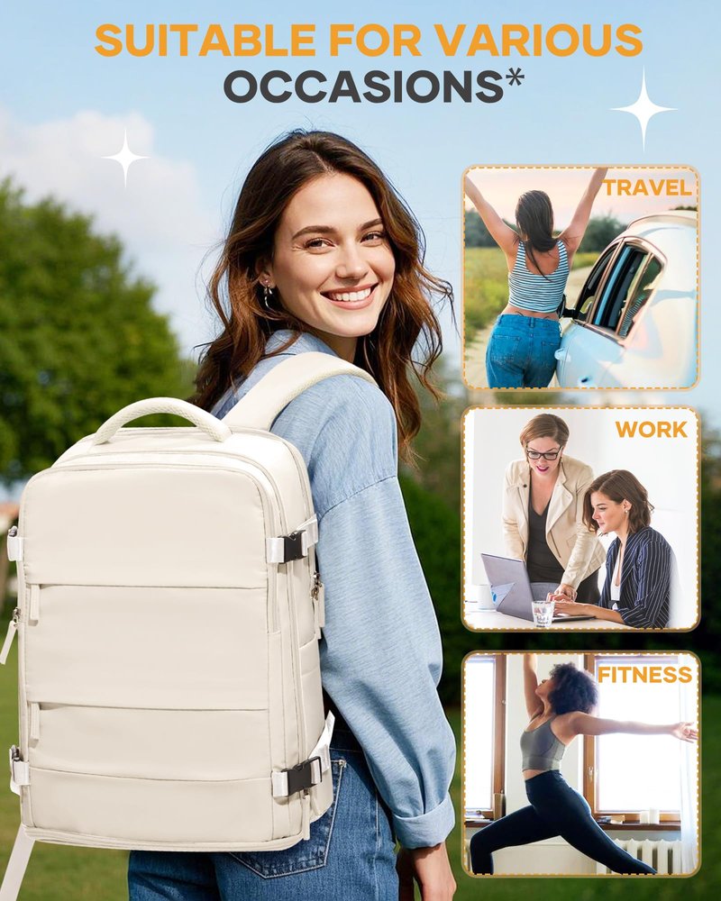 coofay Beige Travel Backpack For Women Men Airline Approved Personal Item Carry On Flight Approved Waterproof Backpack For Traveling On Airplane Weekender Travel Bag
