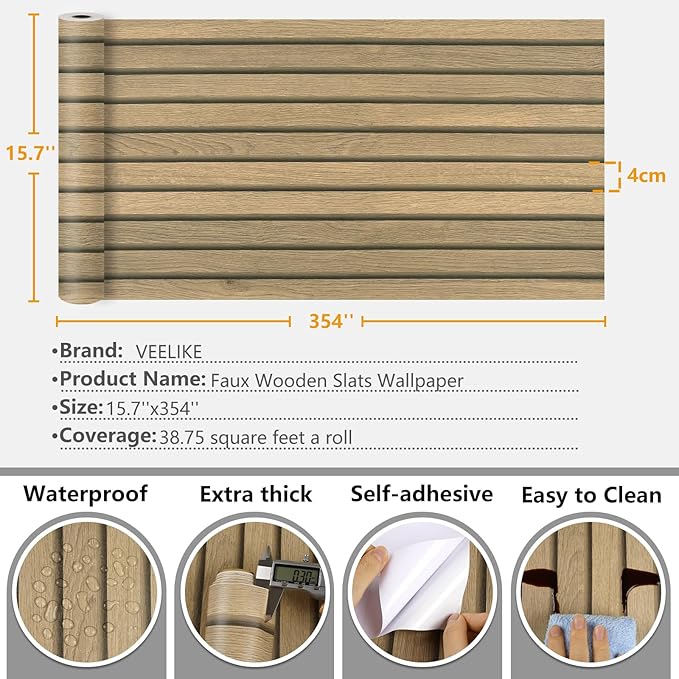 VEELIKE Slat Wood Contact Paper Wood Wallpaper Peel and Stick