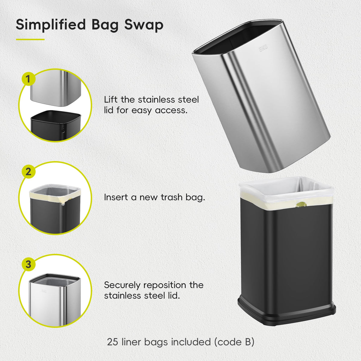 EKO 2-Pack Open Top Trash Can with Removable Inner Basket, Square Small Garbage Can, 1.8 + 3.2 Gallon Wastebasket Combo for Kitchen, Bathroom, Office, Home (Stainless Steel)